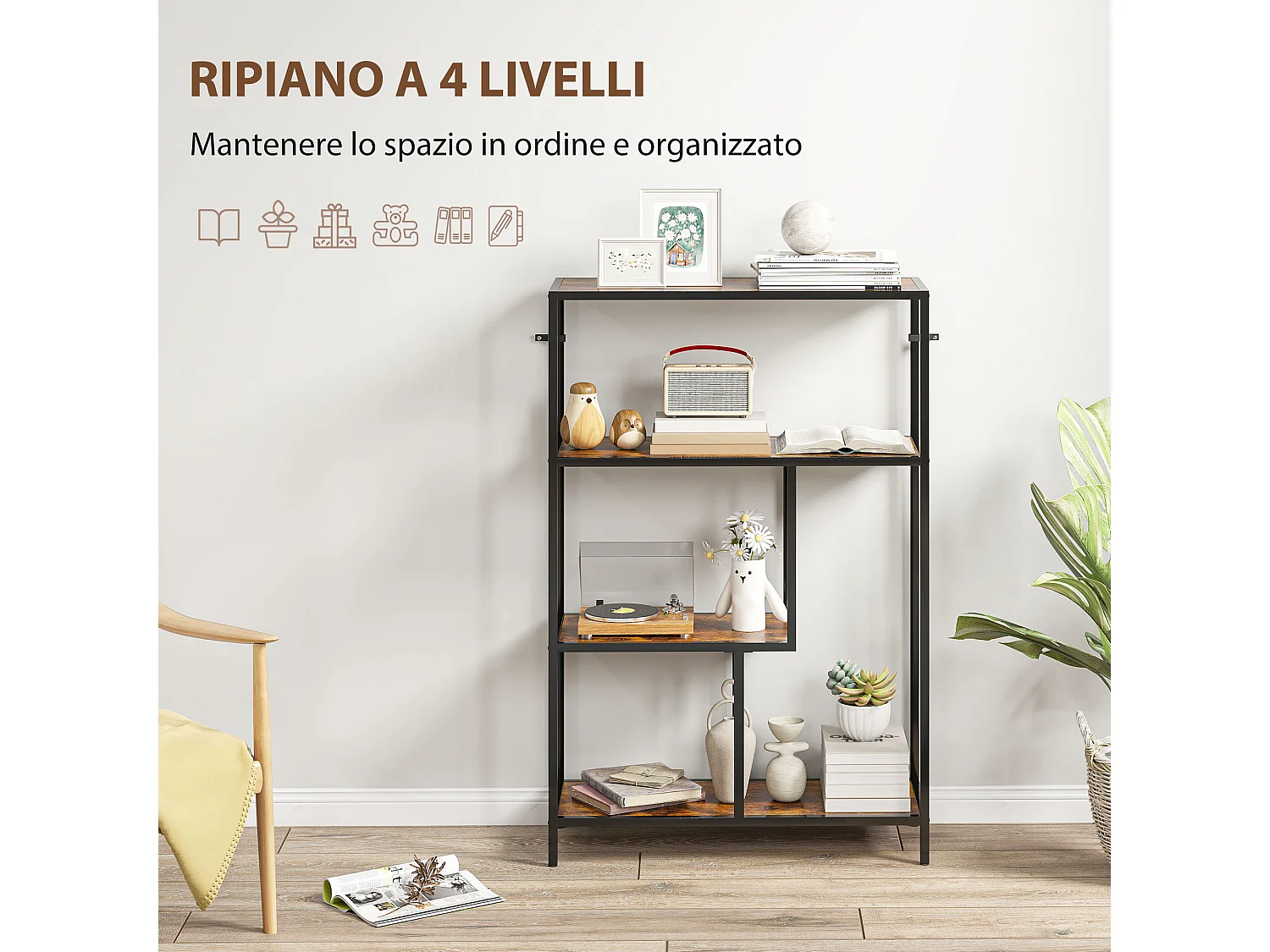 Libreria 4 ripiani stile industriale in legno e metallo marrone
