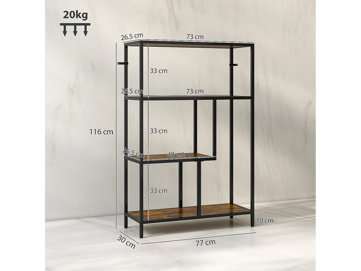 Libreria 4 ripiani stile industriale in legno e metallo marrone