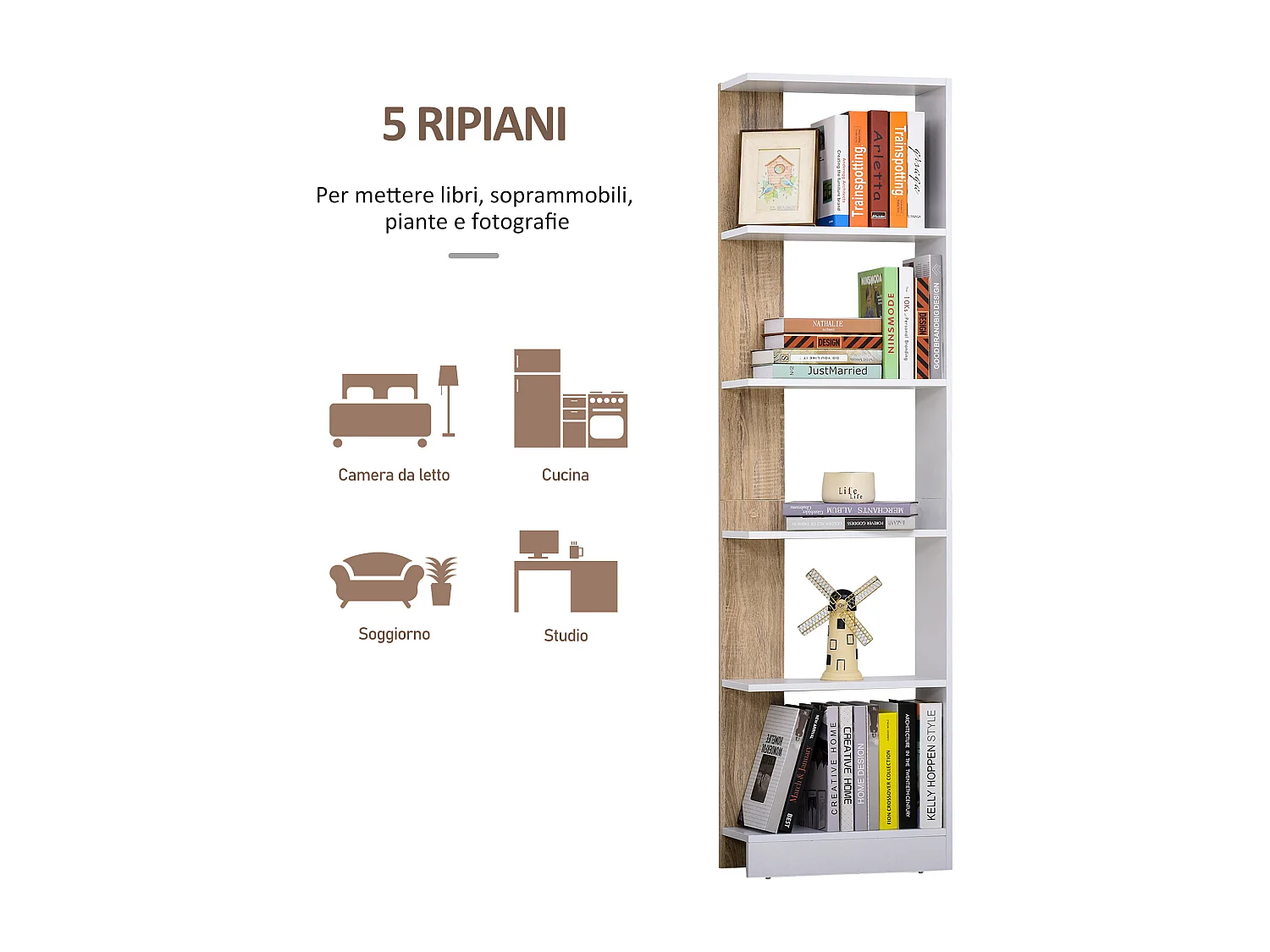 Scaffale libreria a parete 5 ripiani in legno color rovere e bianco