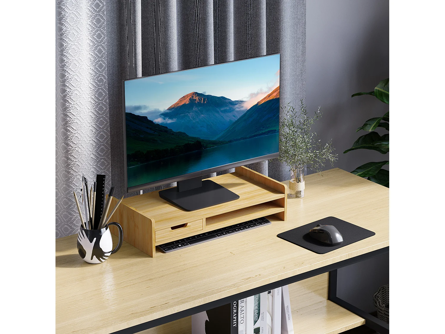 Supporto monitor pc in bambù con spazio portaoggetti in bambù