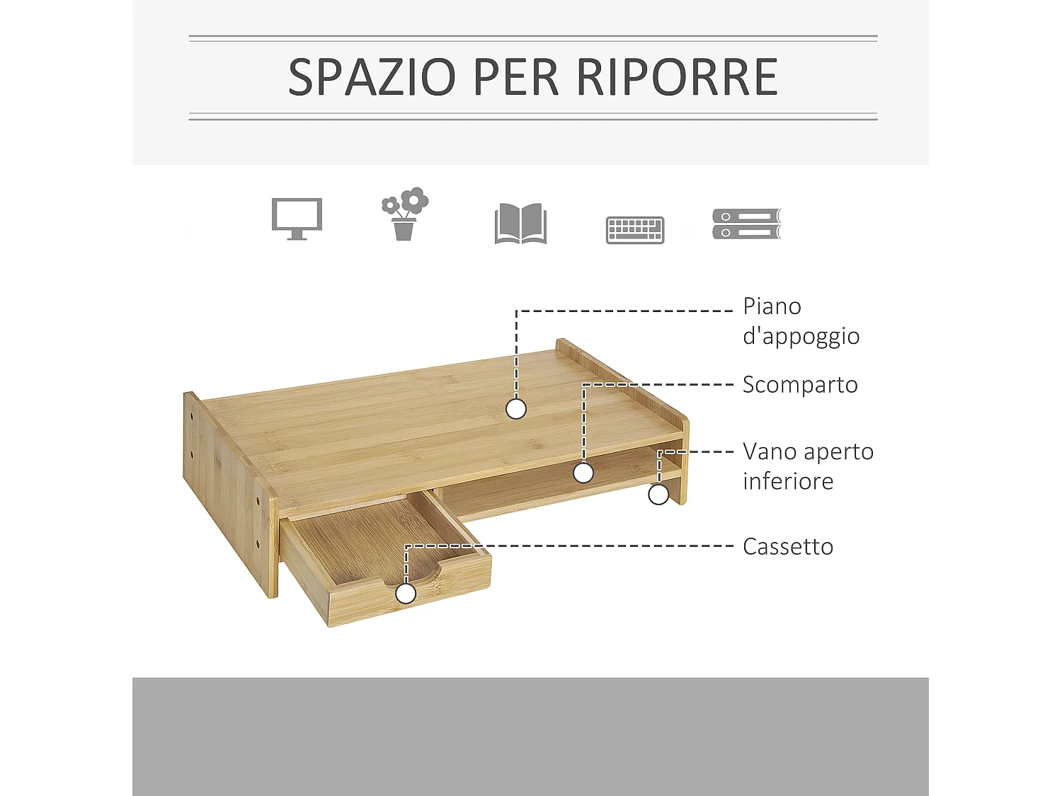 Supporto monitor pc in bambù con spazio portaoggetti in bambù