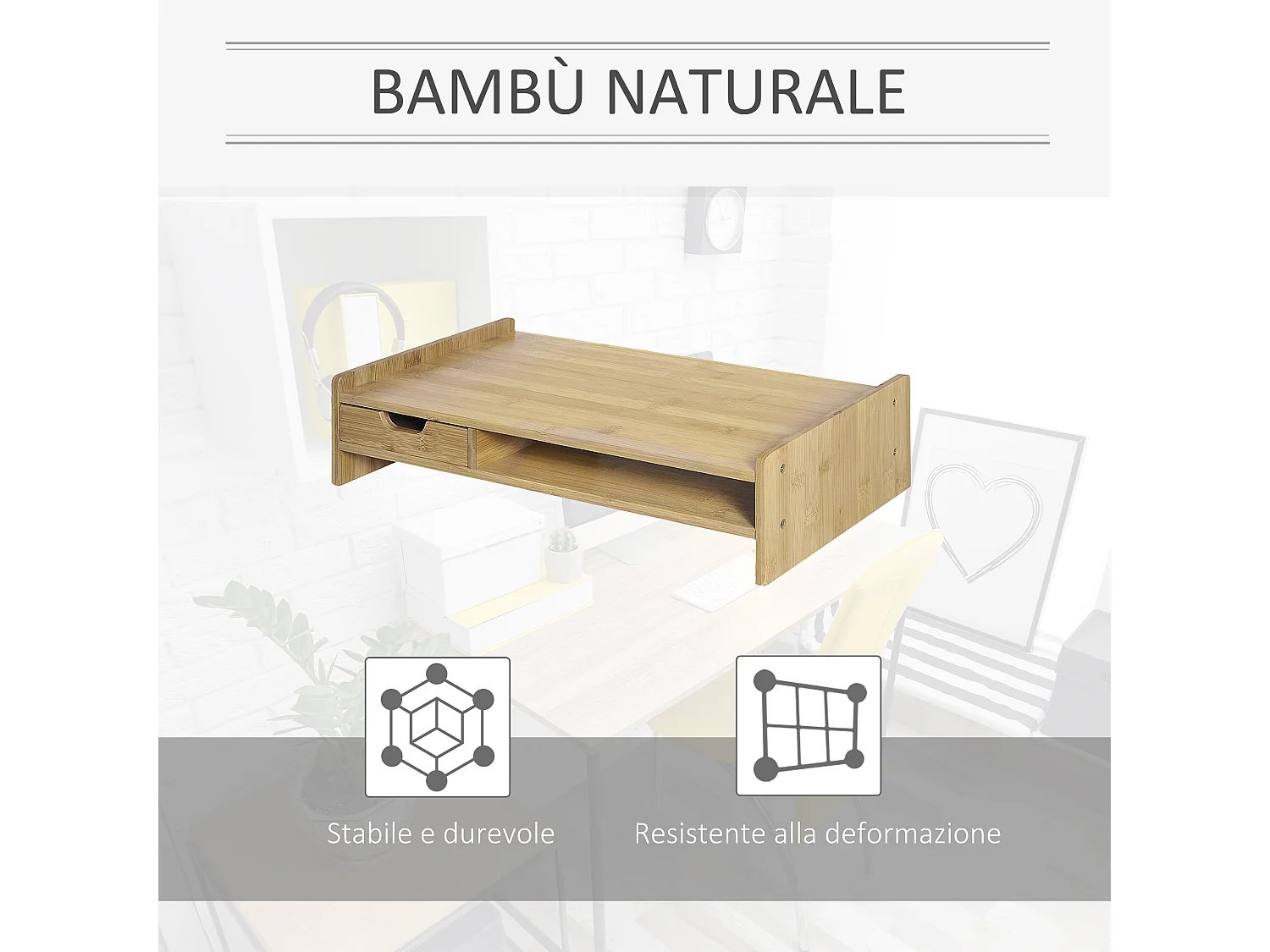 Supporto monitor pc in bambù con spazio portaoggetti in bambù