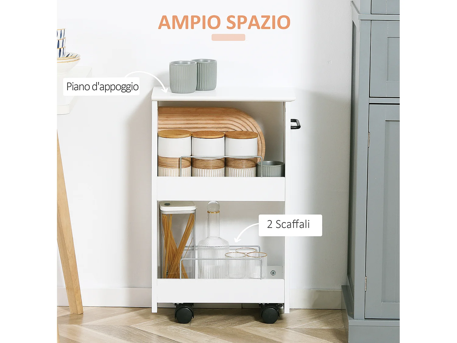 Carrellino salvaspazio multiuso in mdf con ruote girevoli