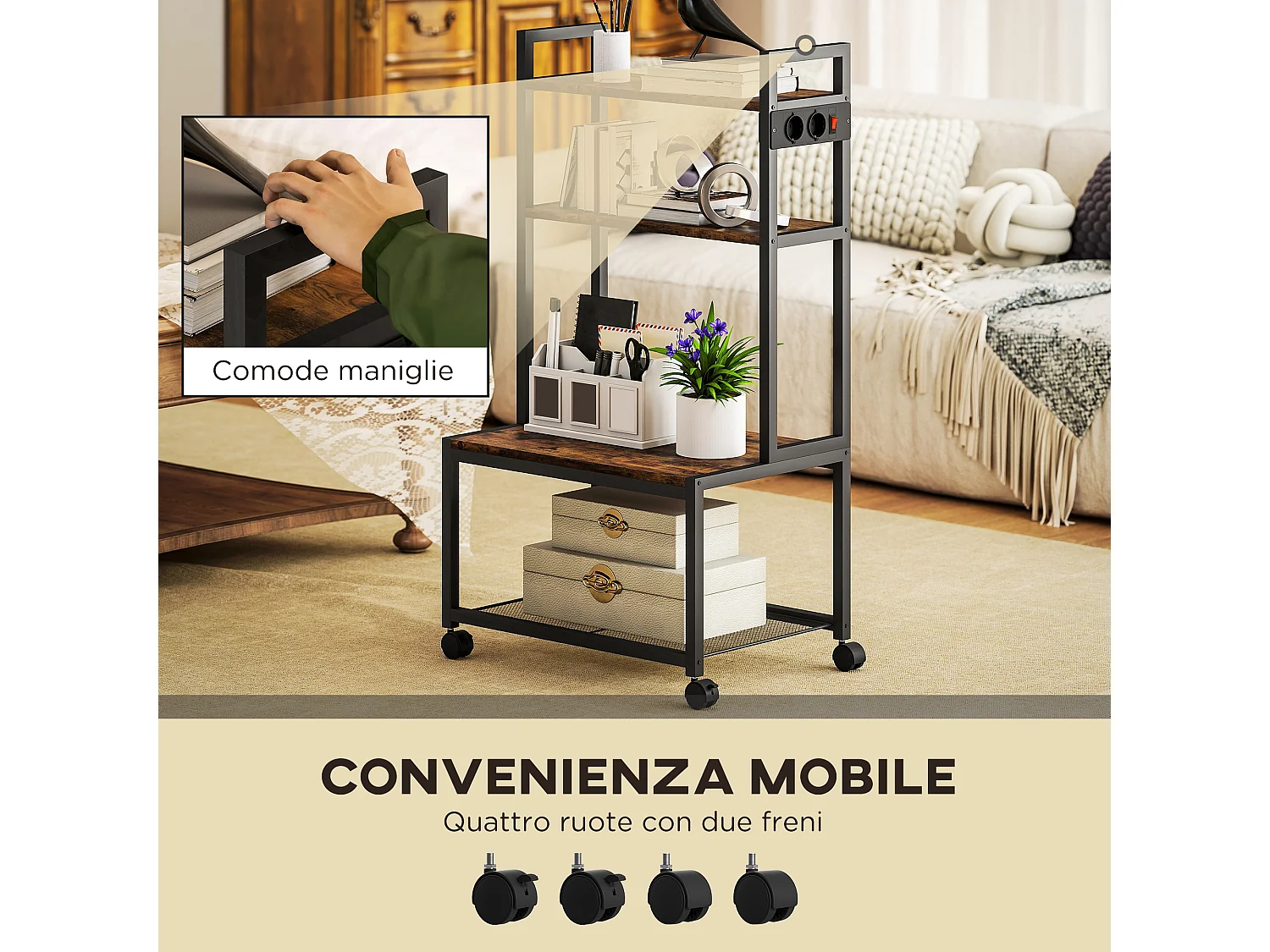 Carrello porta stampante 4 livelli con prese di corrente marrone