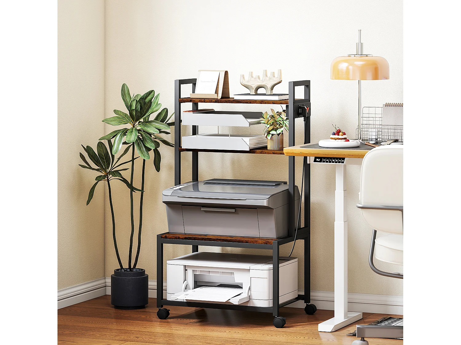 Carrello porta stampante 4 livelli con prese di corrente marrone