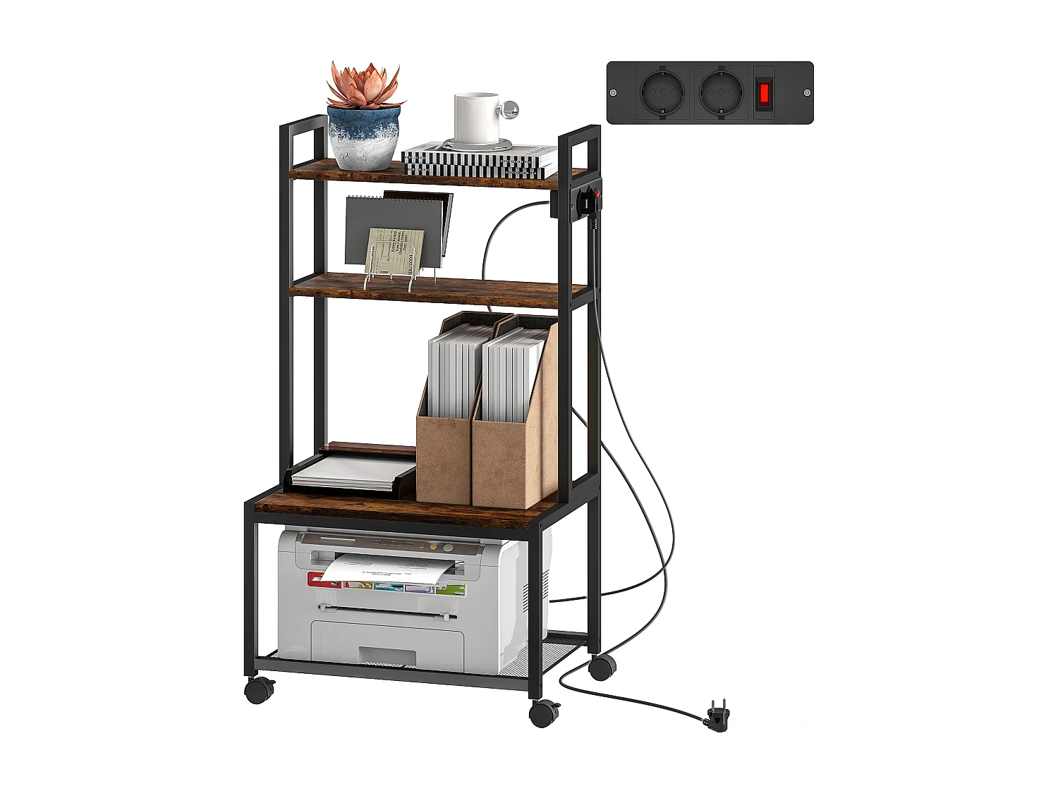 Carrello porta stampante 4 livelli con prese di corrente marrone