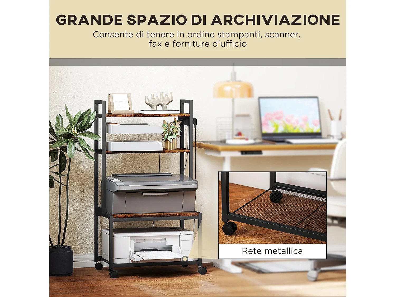 Carrello porta stampante 4 livelli con prese di corrente marrone