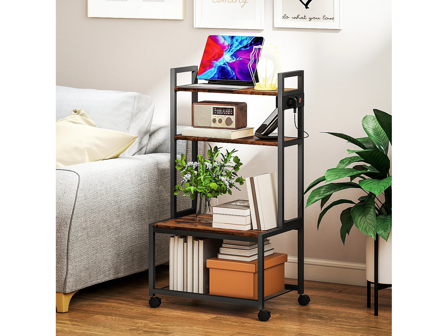 Carrello porta stampante 4 livelli con prese di corrente marrone