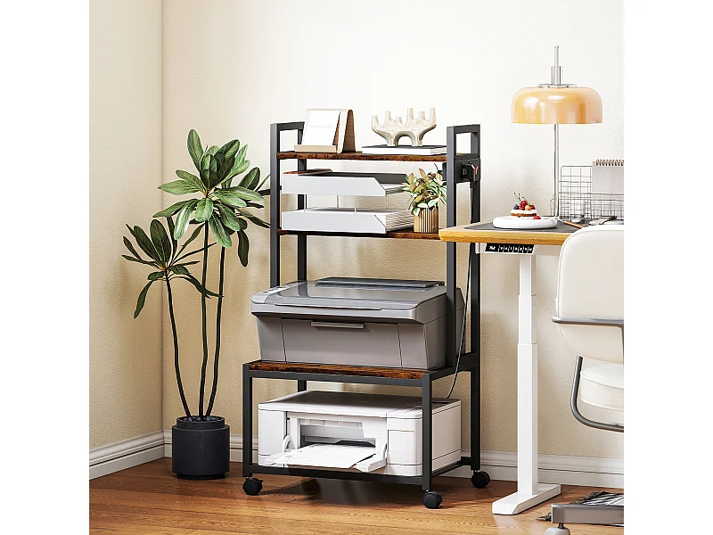 Carrello porta stampante 4 livelli con prese di corrente marrone