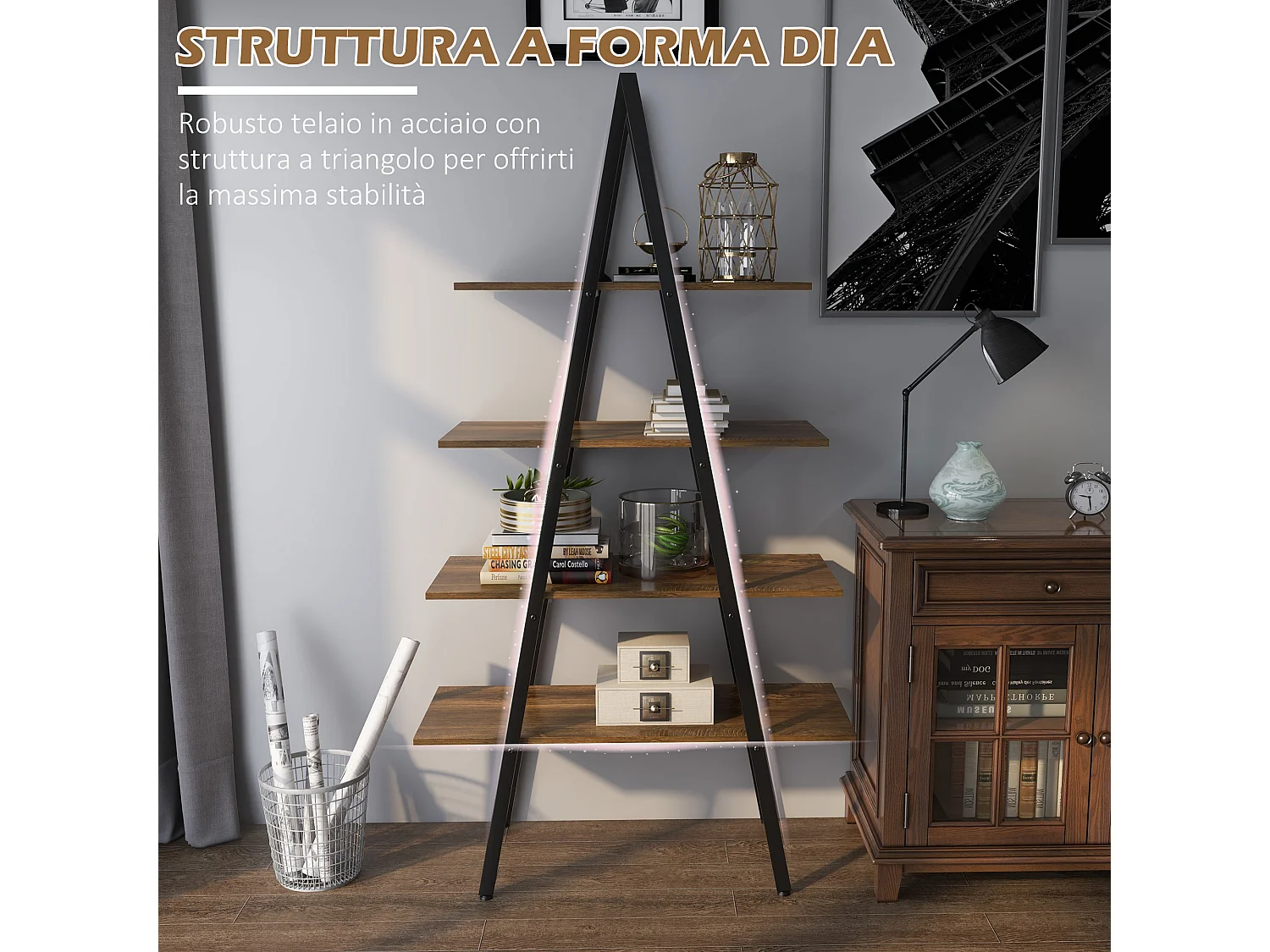 Scaffale libreria a 4 livelli in truciolato e acciaio 92x38.5x166 cm