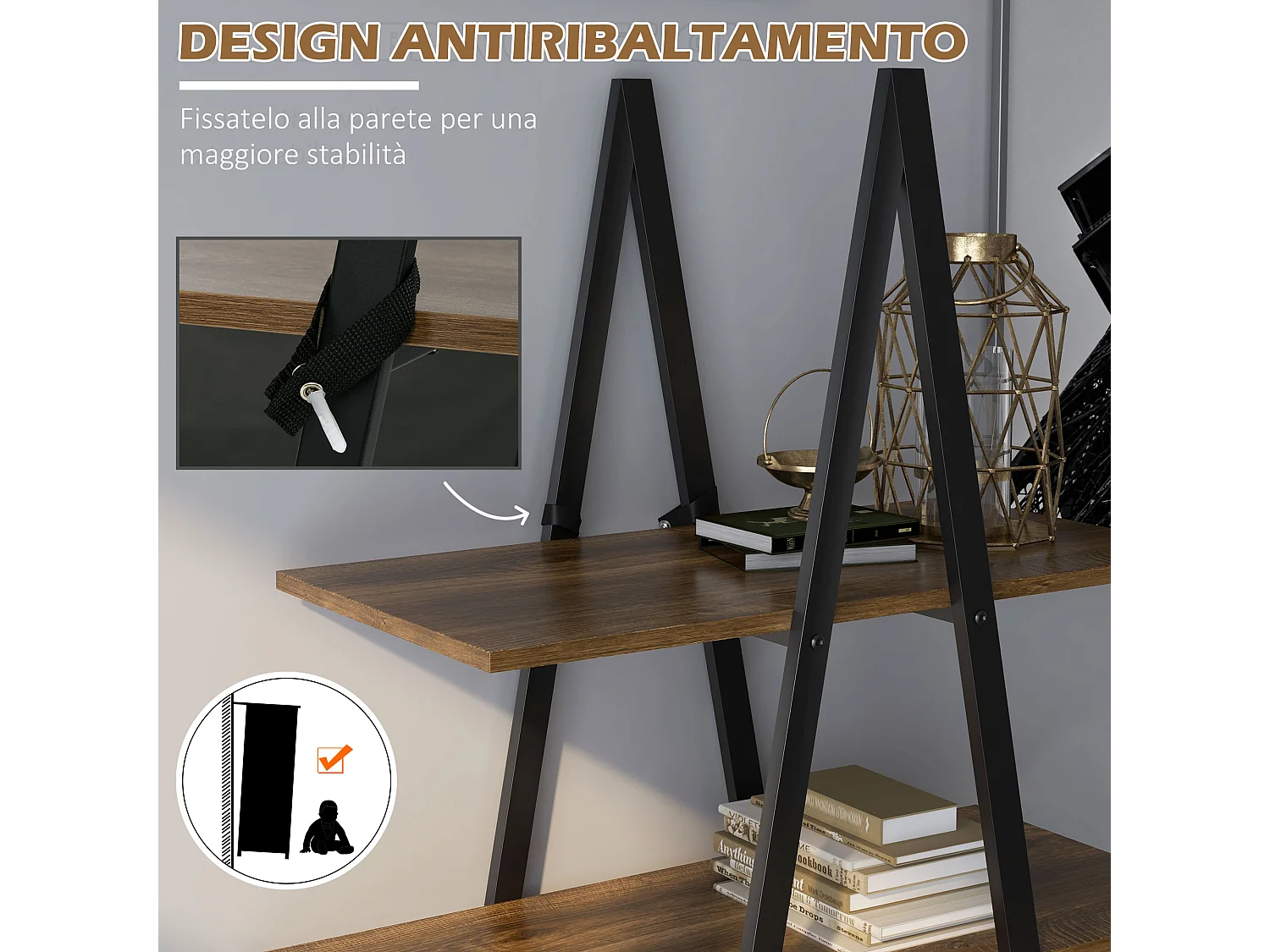 Scaffale libreria a 4 livelli in truciolato e acciaio 92x38.5x166 cm