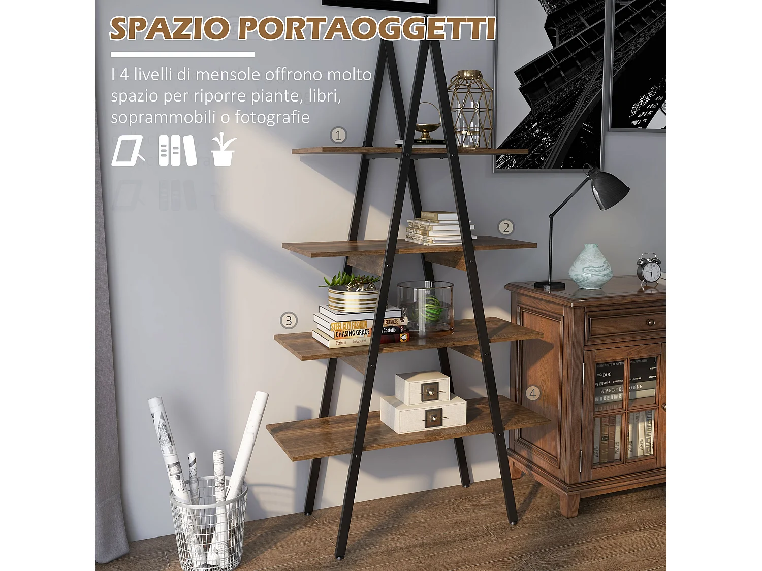 Scaffale libreria a 4 livelli in truciolato e acciaio 92x38.5x166 cm