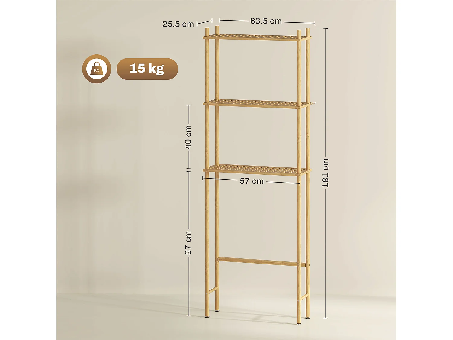 Mobile sopra wc a 3 ripiani in bambù 63.5x25.5x181 cm color legno