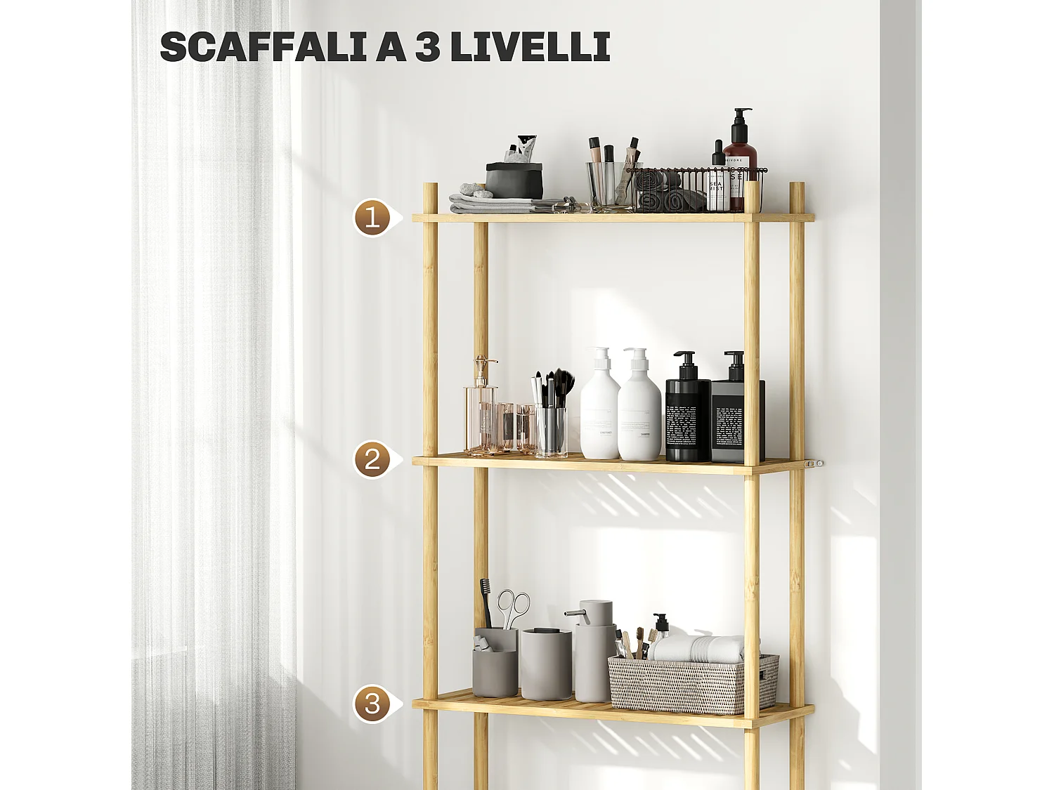 Mobile sopra wc a 3 ripiani in bambù 63.5x25.5x181 cm color legno