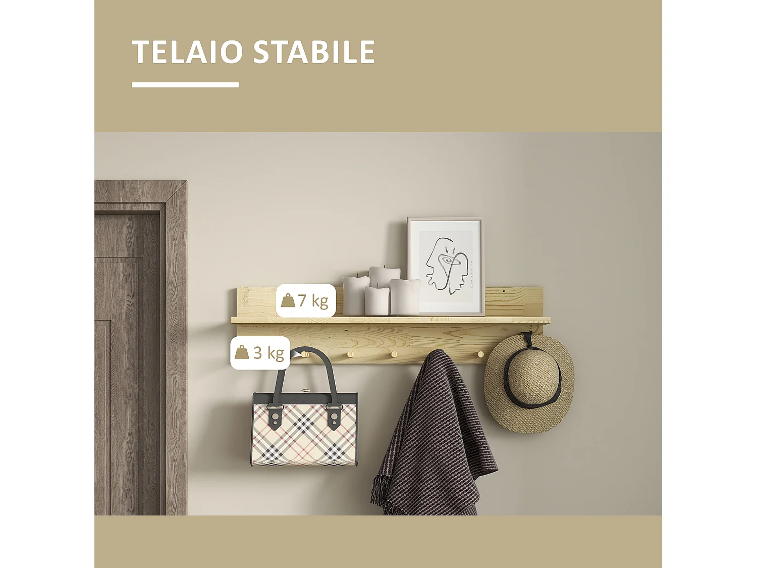 Mensola da parete in legno di abete a 7 ganci per ingresso e soggiorno