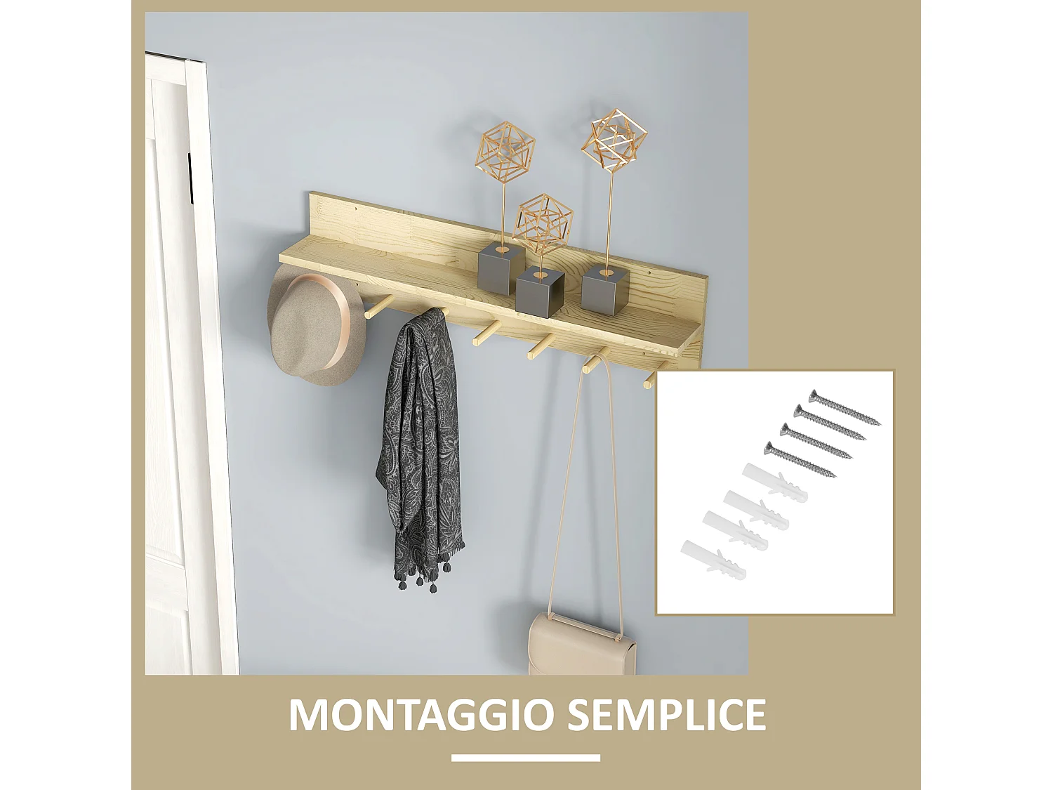 Mensola da parete in legno di abete a 7 ganci per ingresso e soggiorno