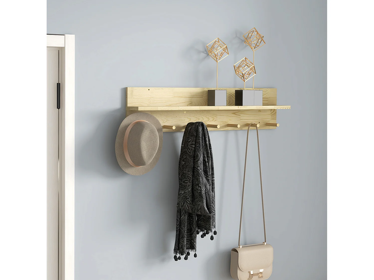 Mensola da parete in legno di abete a 7 ganci per ingresso e soggiorno