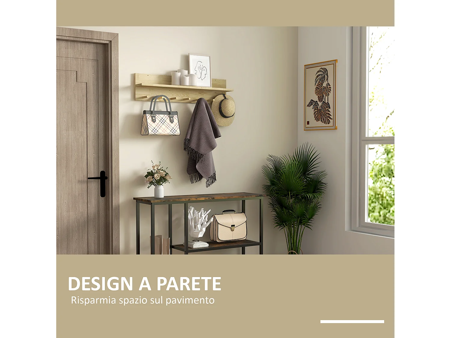 Mensola da parete in legno di abete a 7 ganci per ingresso e soggiorno