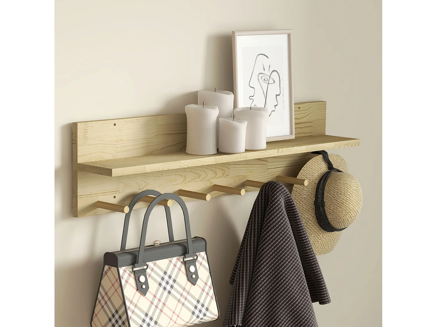 Mensola da parete in legno di abete a 7 ganci per ingresso e soggiorno