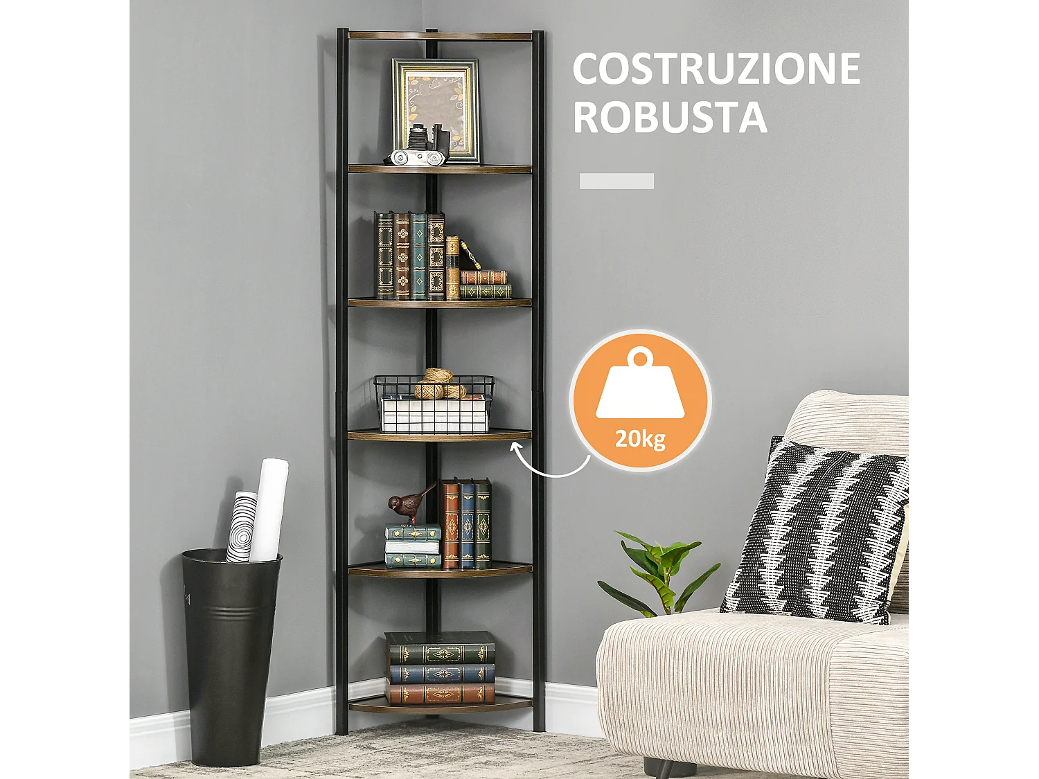 Libreria angolare moderna a 6 ripiani metallo e mdf 34x34x166cm
