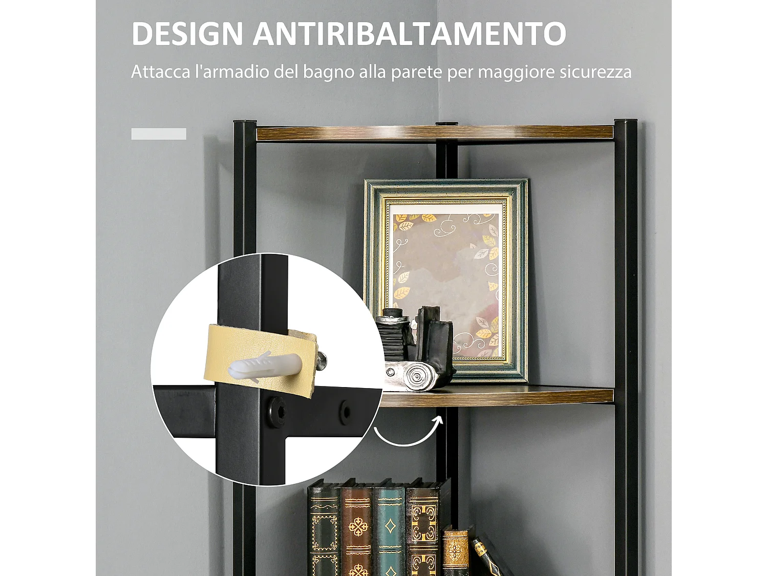 Libreria angolare moderna a 6 ripiani metallo e mdf 34x34x166cm