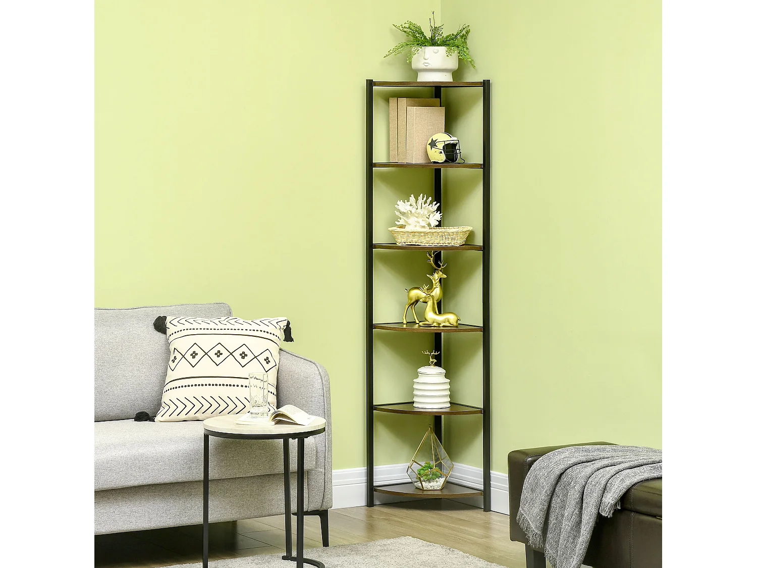 Libreria angolare moderna a 6 ripiani metallo e mdf 34x34x166cm