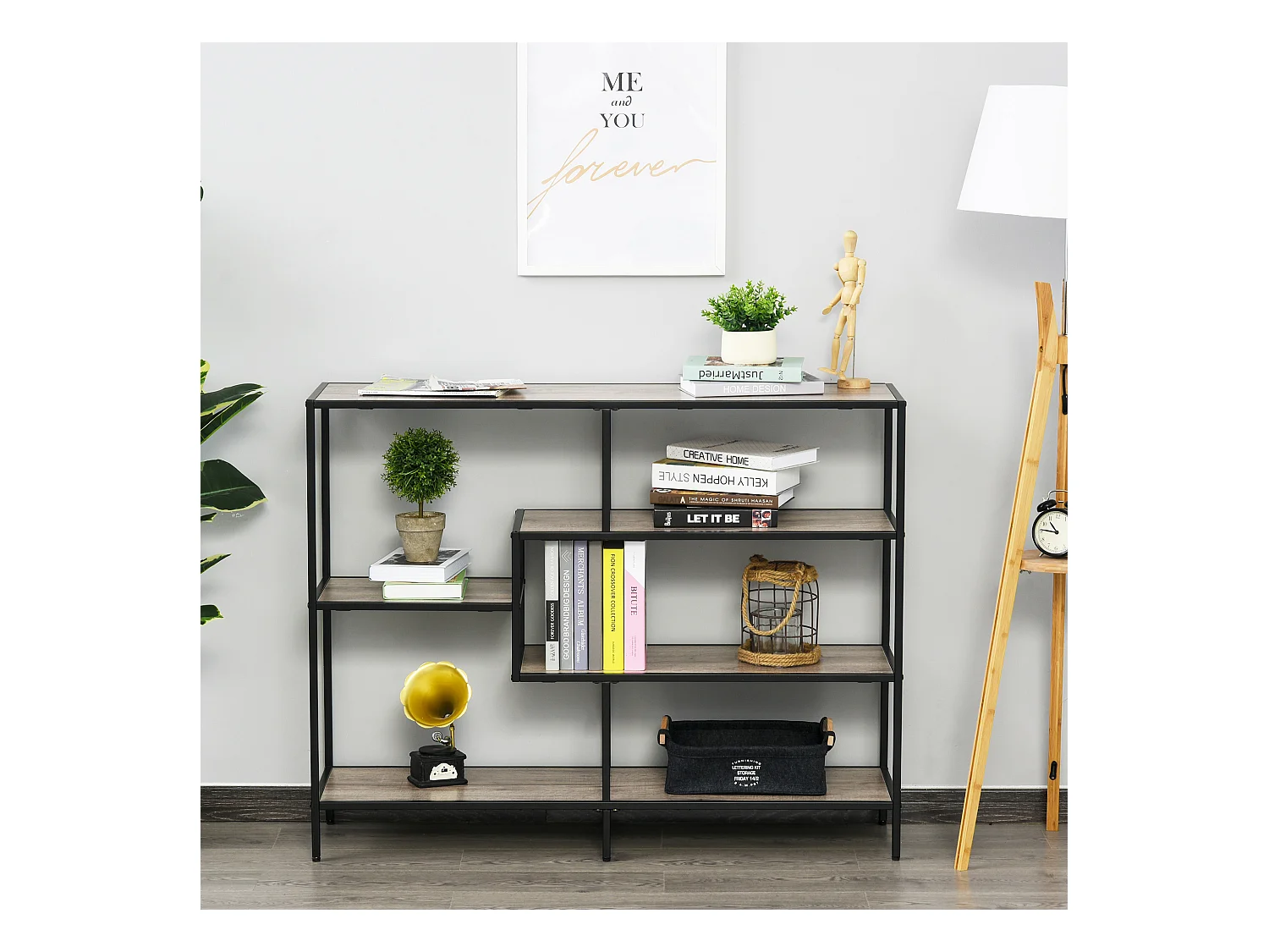 Scaffale libreria asimmetrica legno e metallo