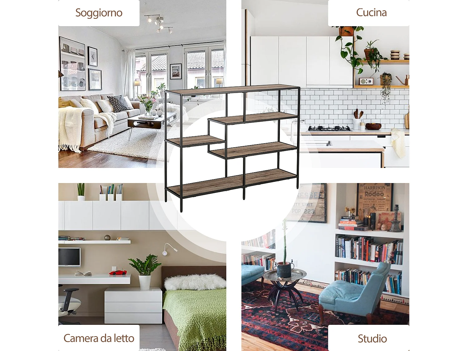 Scaffale libreria asimmetrica legno e metallo