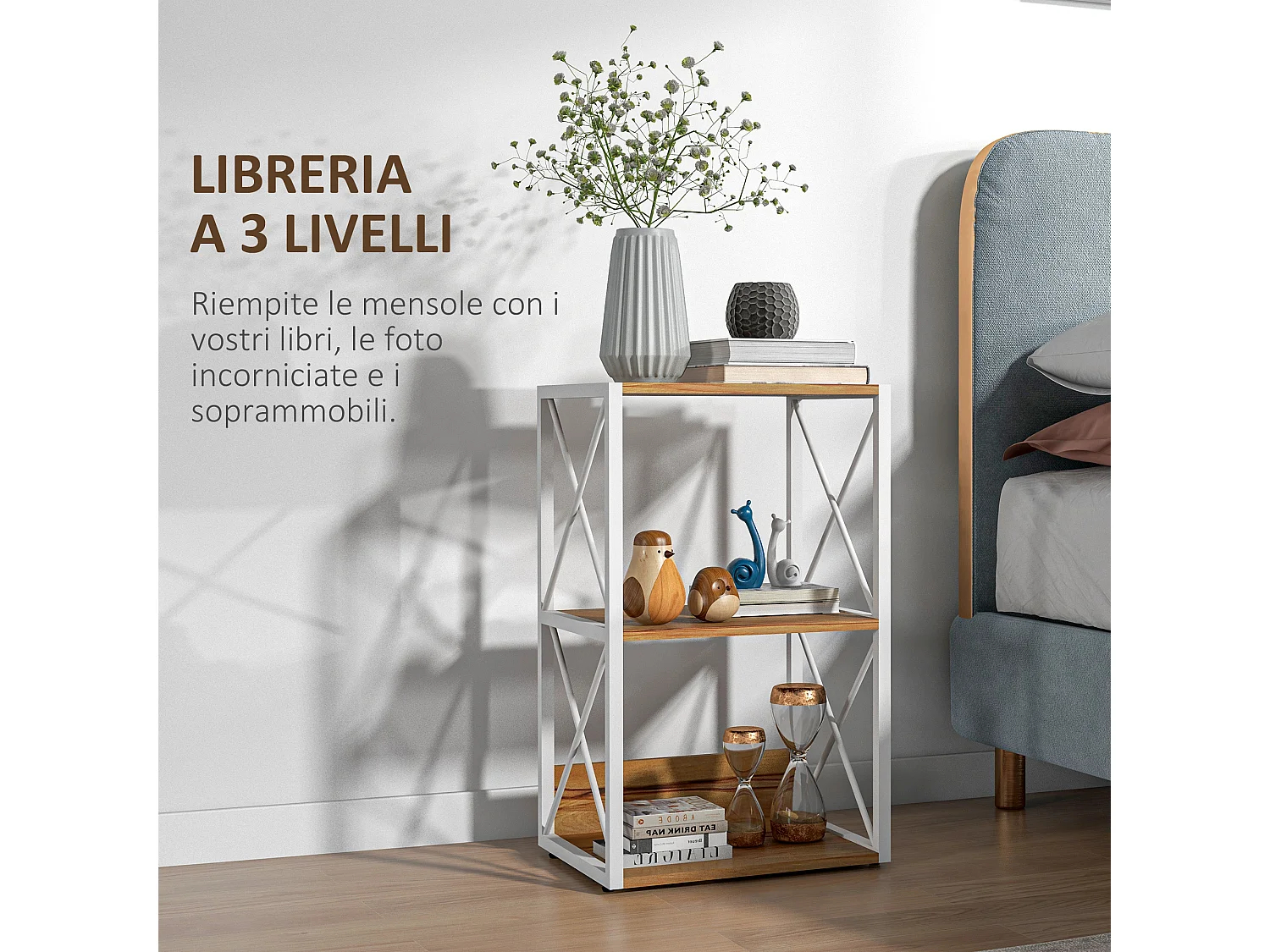 Mobile libreria salvaspazio a 3 ripiani in legno e metallo