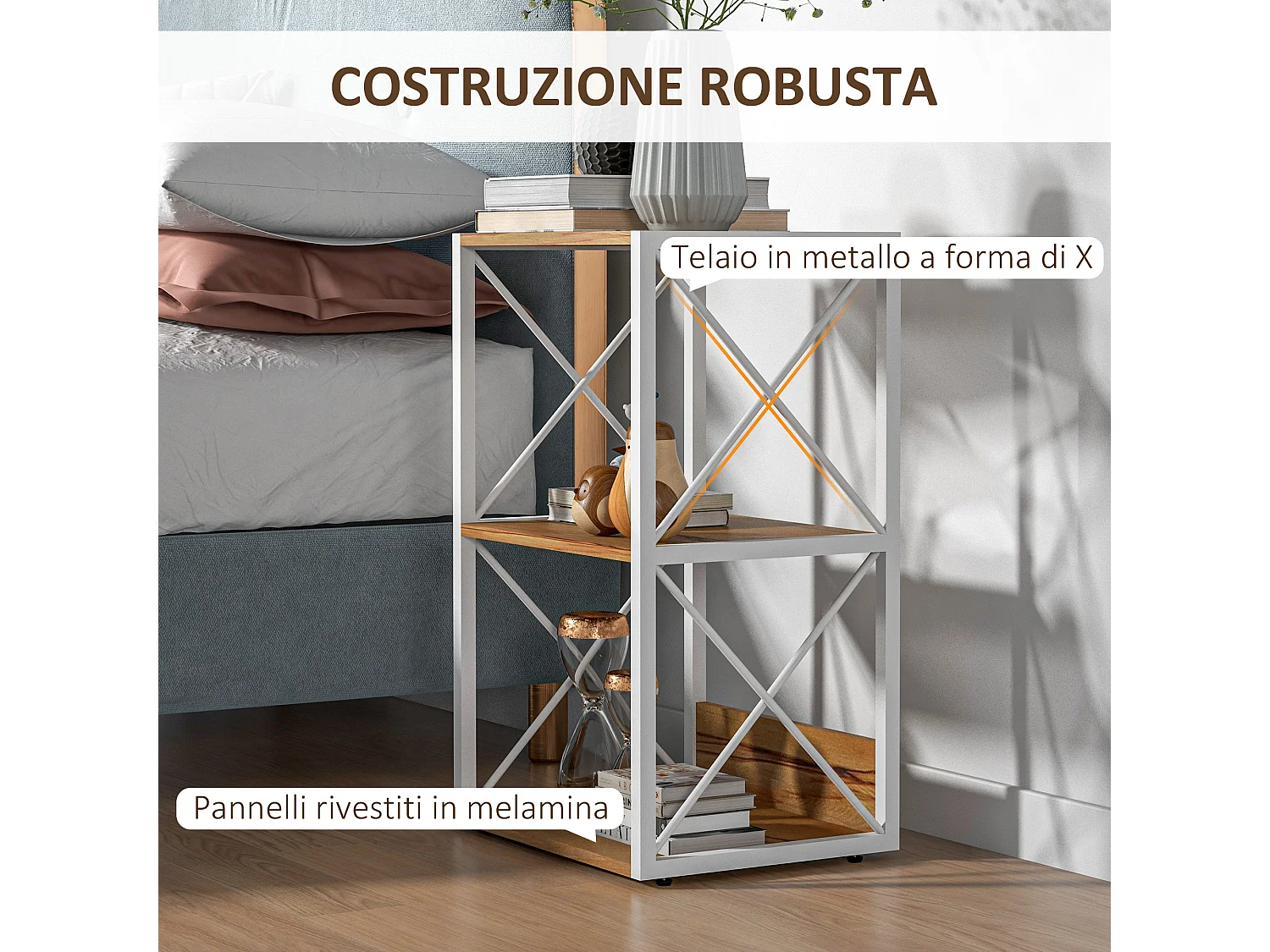 Mobile libreria salvaspazio a 3 ripiani in legno e metallo