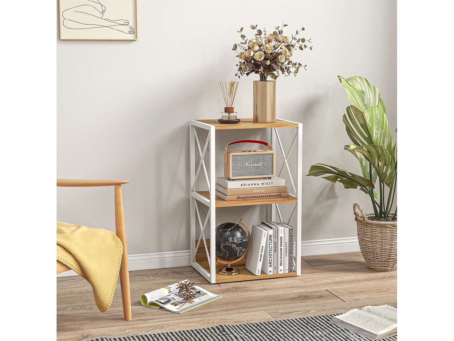 Mobile libreria salvaspazio a 3 ripiani in legno e metallo