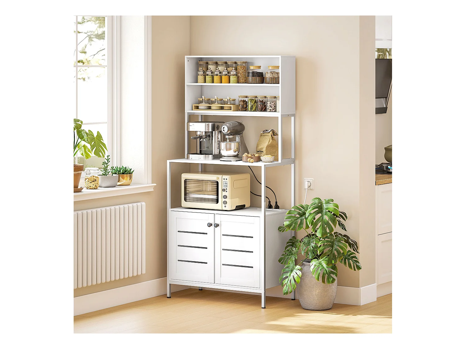 Mobile dispensa con ripiani, armadietti e 2 prese di ricarica bianco