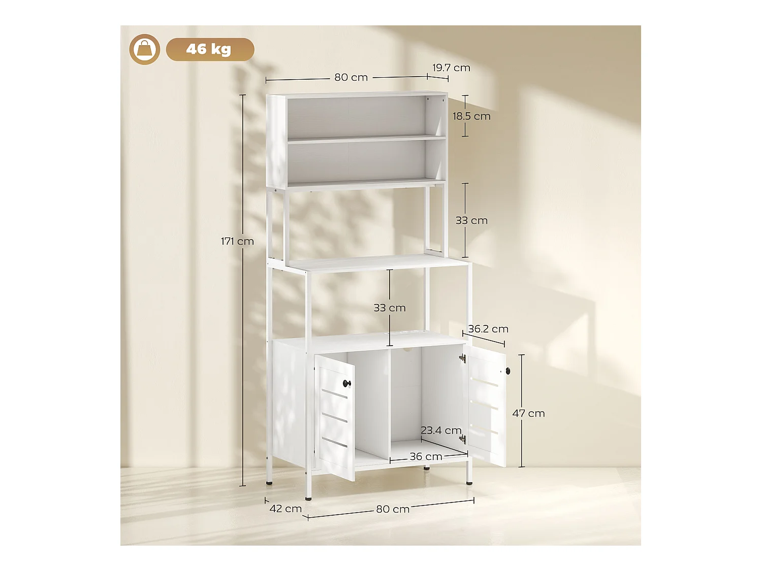 Mobile dispensa con ripiani, armadietti e 2 prese di ricarica bianco