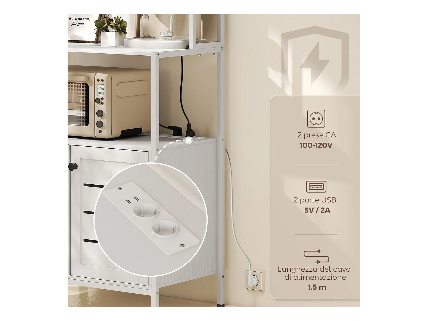 Mobile dispensa con ripiani, armadietti e 2 prese di ricarica bianco