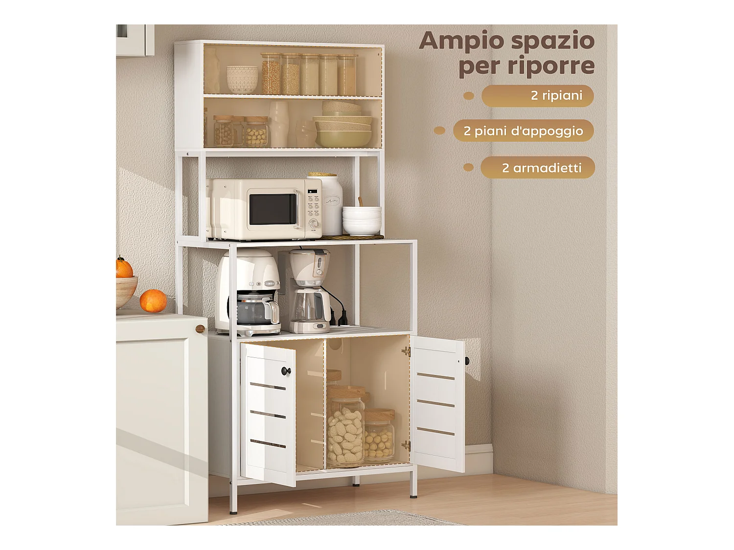 Mobile dispensa con ripiani, armadietti e 2 prese di ricarica bianco