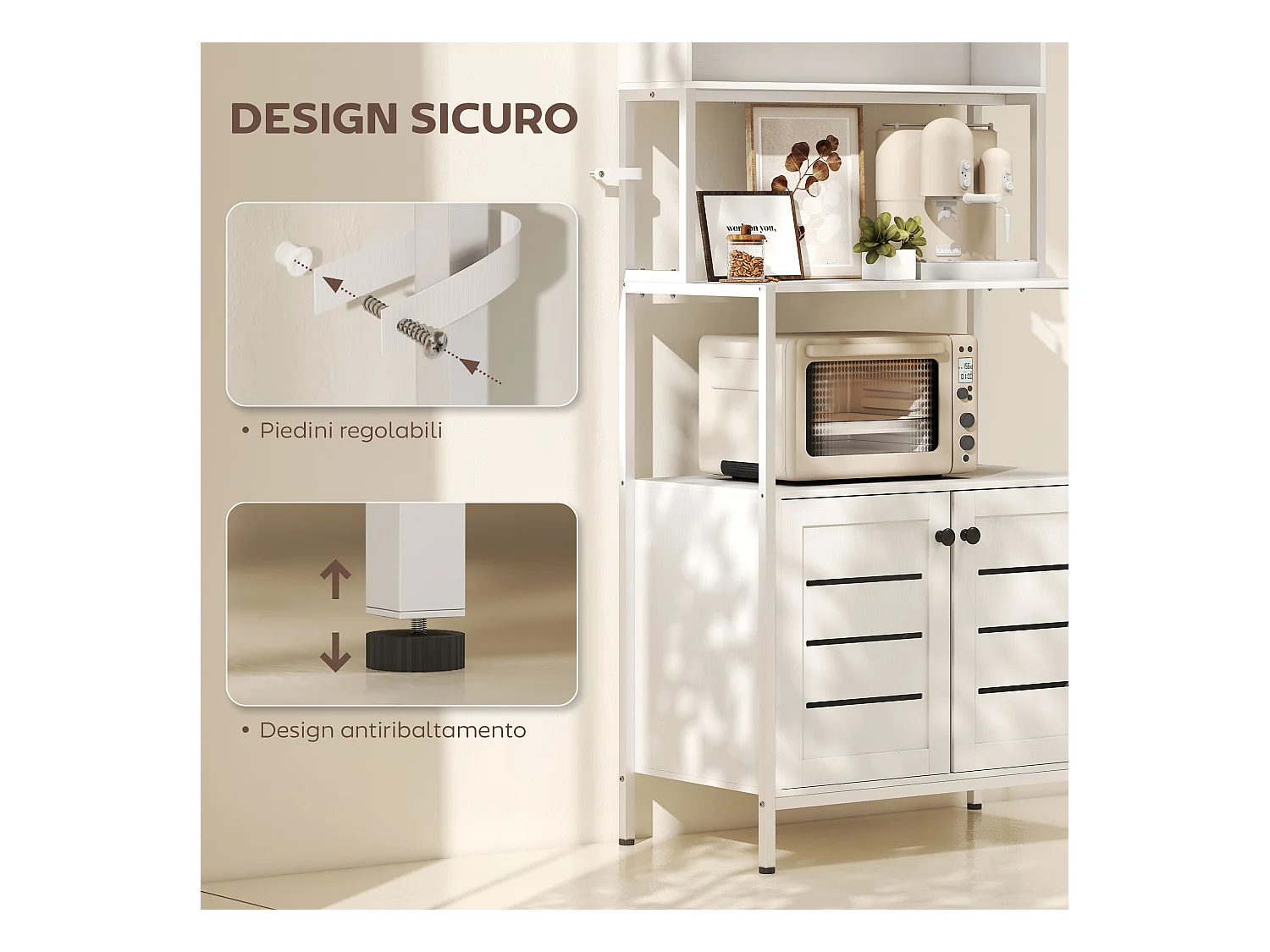 Mobile dispensa con ripiani, armadietti e 2 prese di ricarica bianco