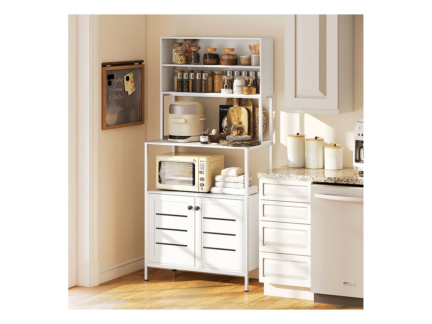 Mobile dispensa con ripiani, armadietti e 2 prese di ricarica bianco