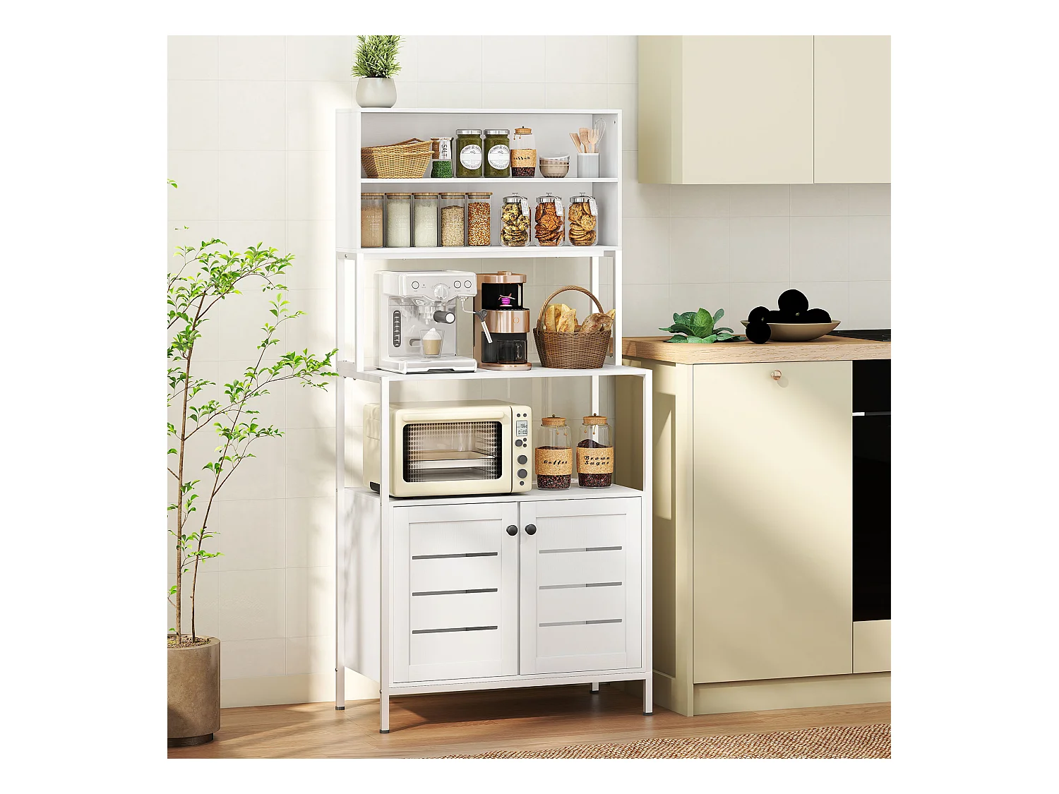 Mobile dispensa con ripiani, armadietti e 2 prese di ricarica bianco