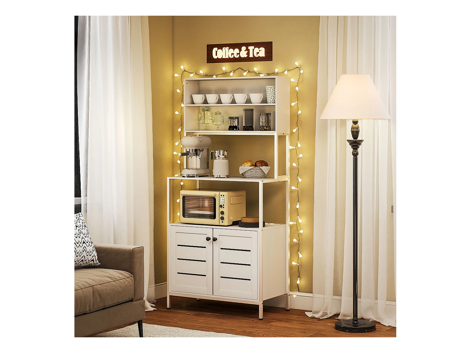 Mobile dispensa con ripiani, armadietti e 2 prese di ricarica bianco