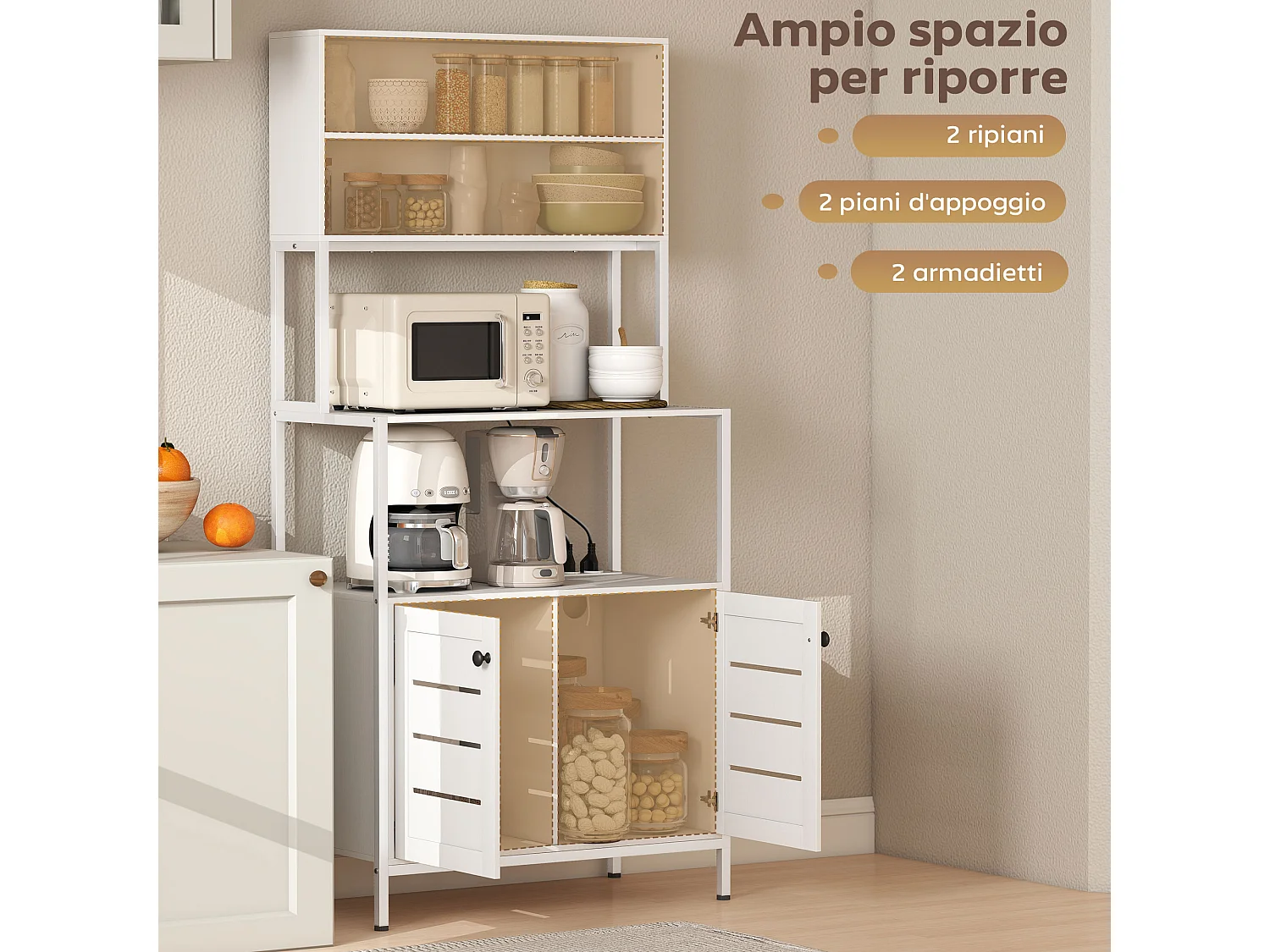 Mobile dispensa con ripiani, armadietti e 2 prese di ricarica bianco