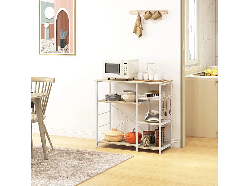 Mobile cucina moderno 4 ripiani con cestino in legno e acciaio