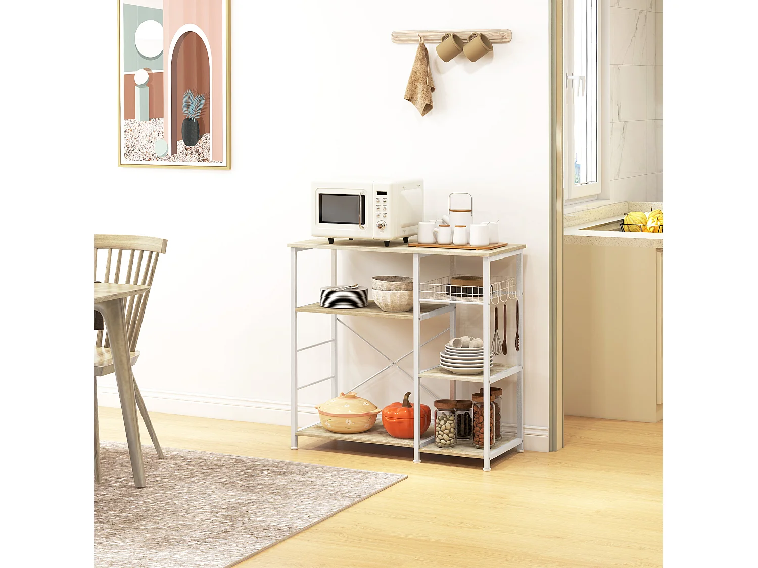 Mobile cucina moderno 4 ripiani con cestino in legno e acciaio