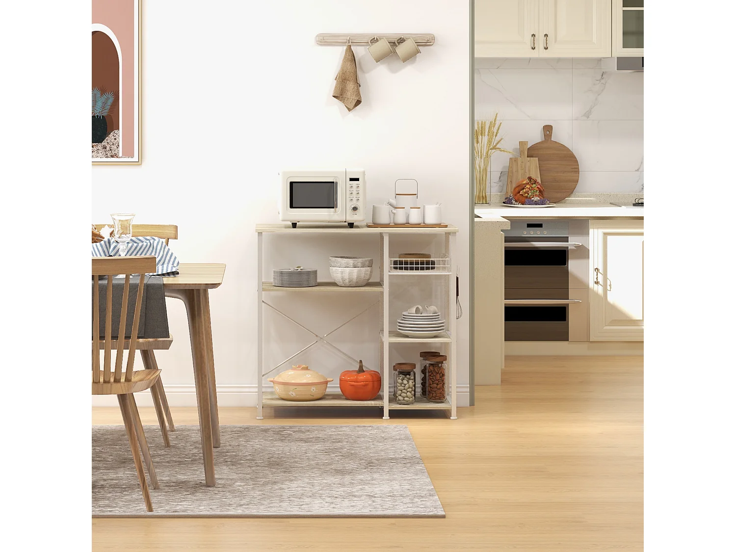 Mobile cucina moderno 4 ripiani con cestino in legno e acciaio