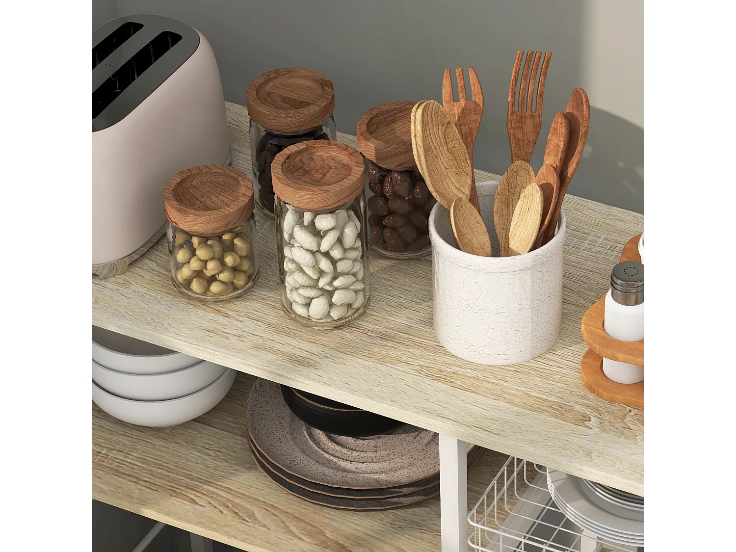 Mobile cucina moderno 4 ripiani con cestino in legno e acciaio