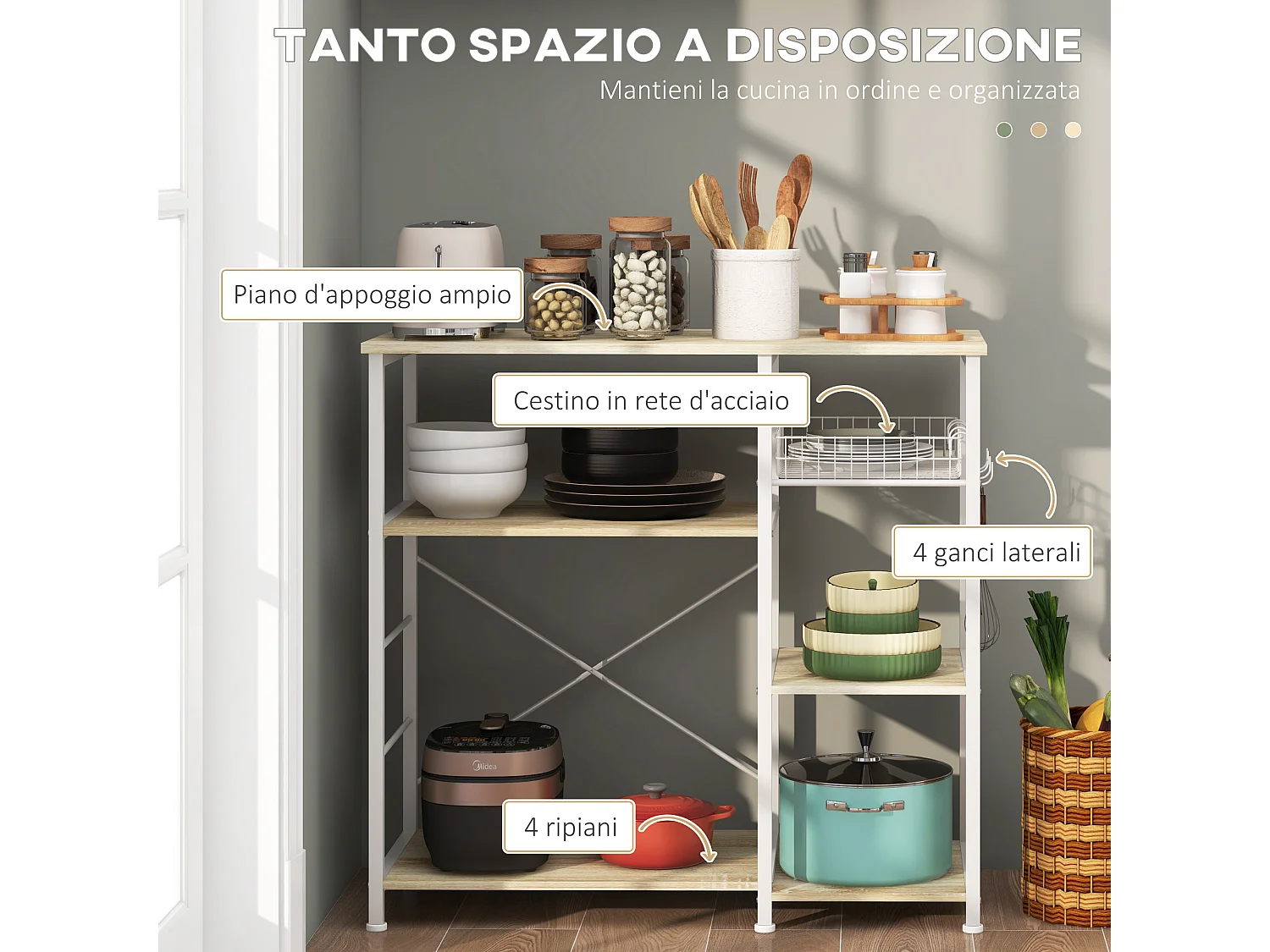 Mobile cucina moderno 4 ripiani con cestino in legno e acciaio