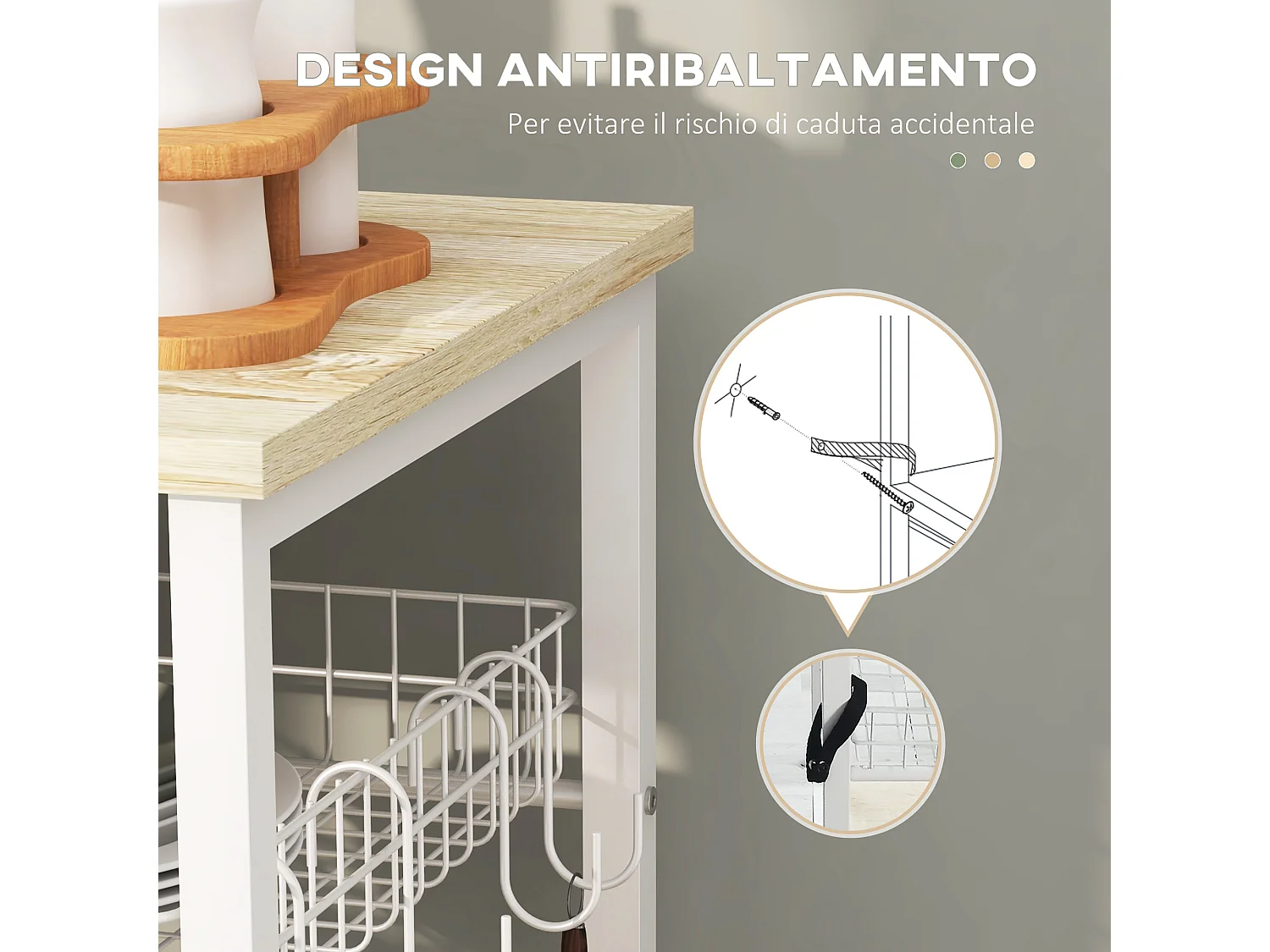 Mobile cucina moderno 4 ripiani con cestino in legno e acciaio