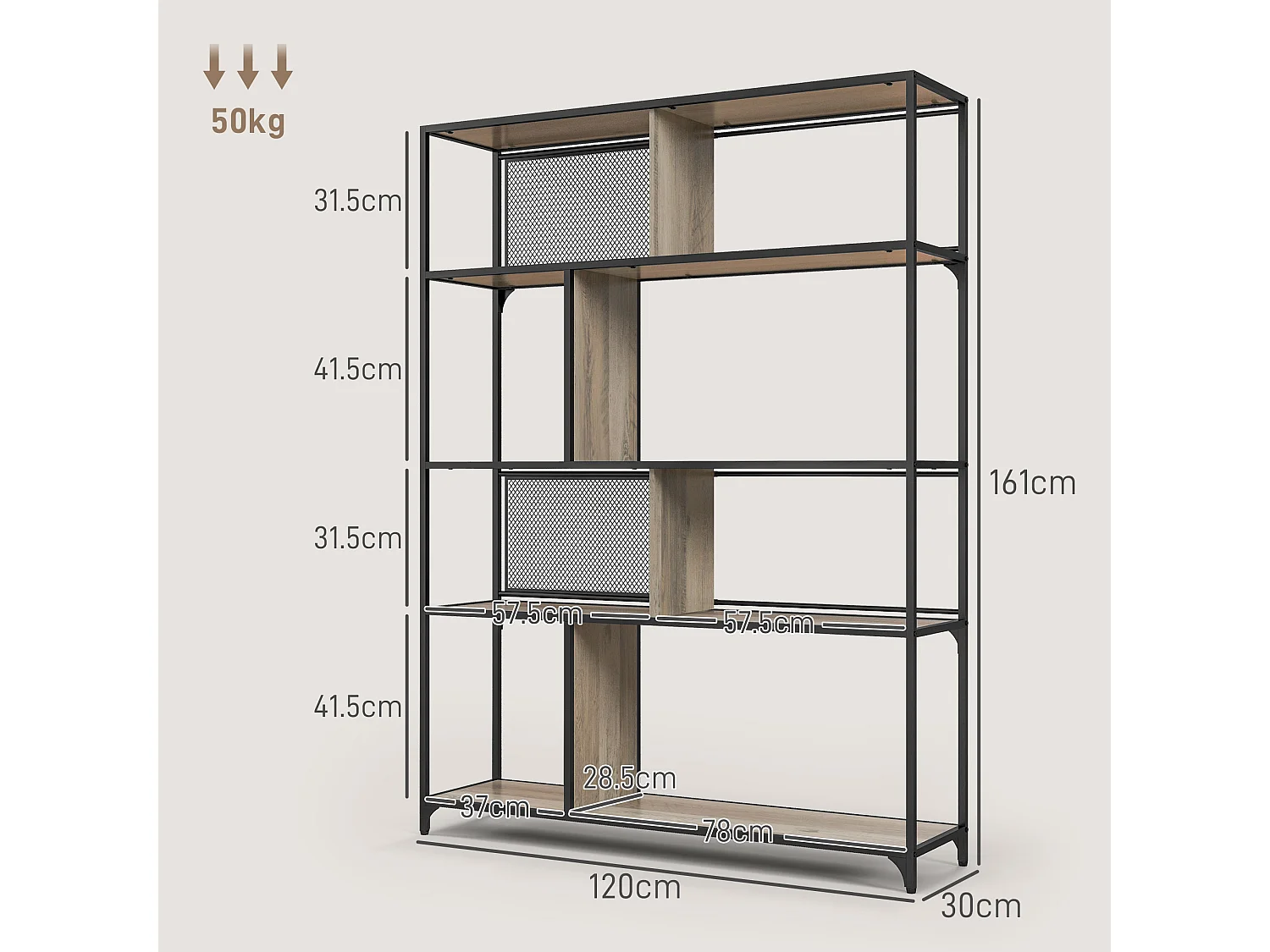 Scaffale libreria a 5 livelli in acciaio e truciolato nero grigio