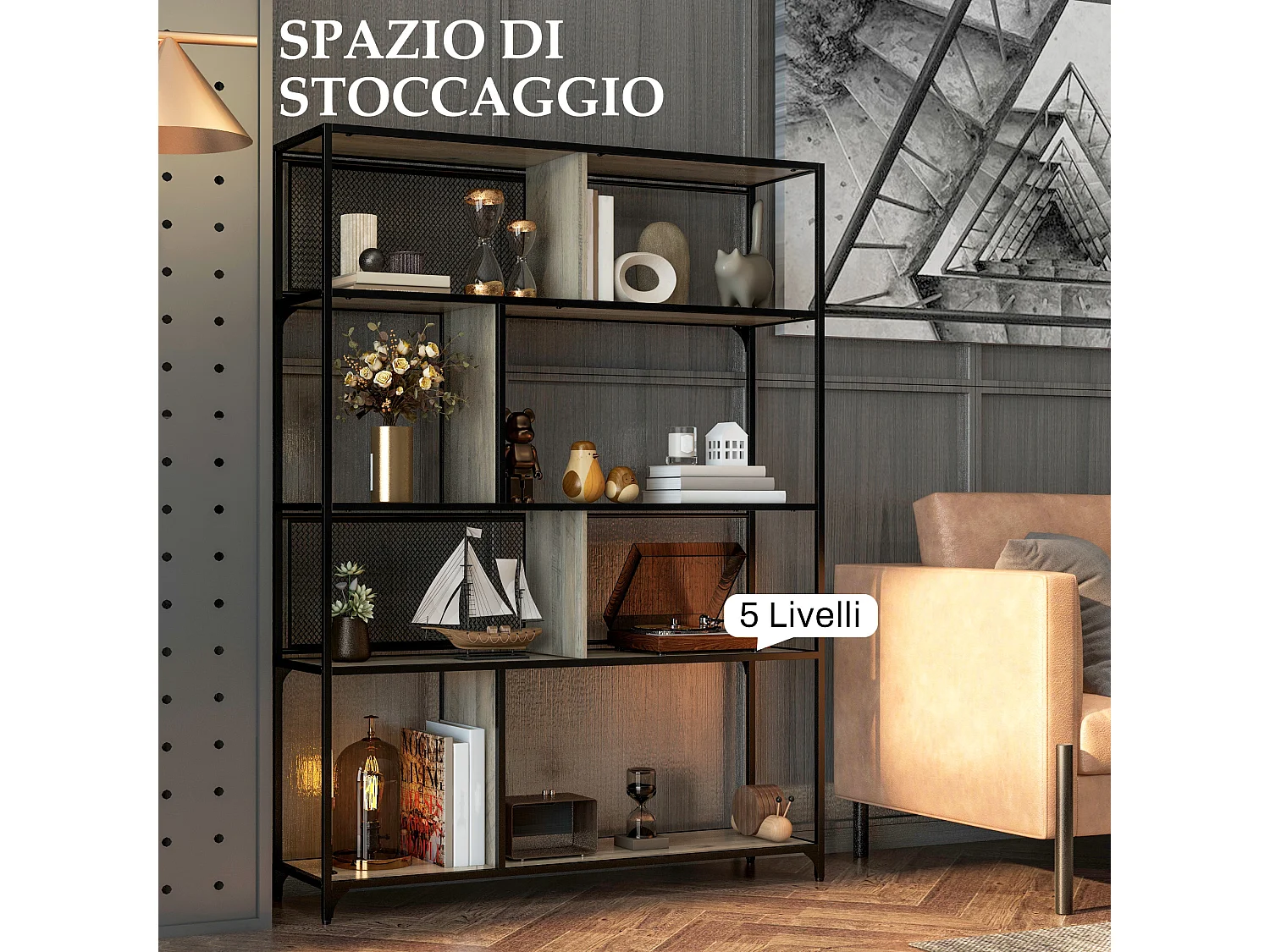 Scaffale libreria a 5 livelli in acciaio e truciolato nero grigio