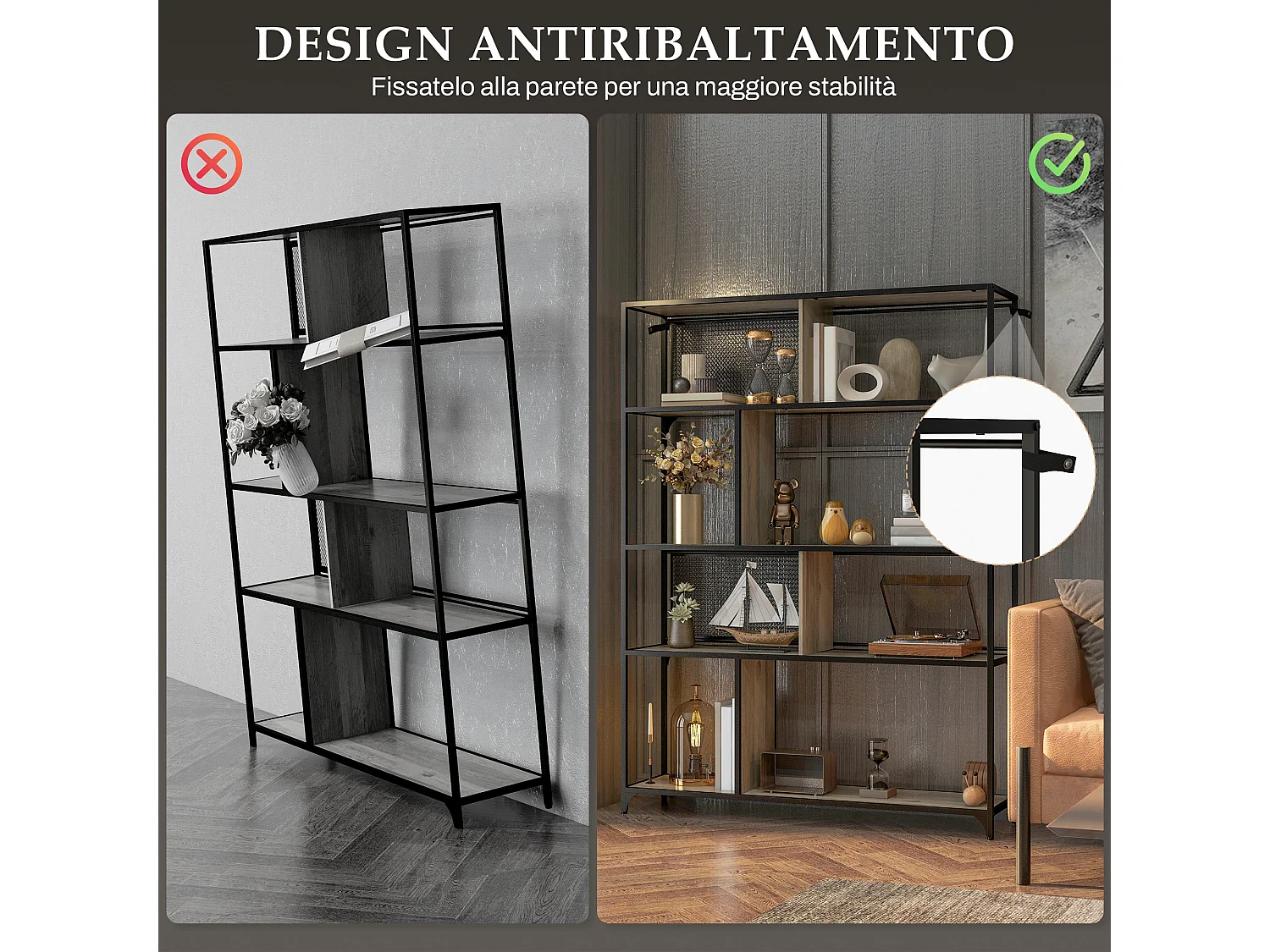 Scaffale libreria a 5 livelli in acciaio e truciolato nero grigio