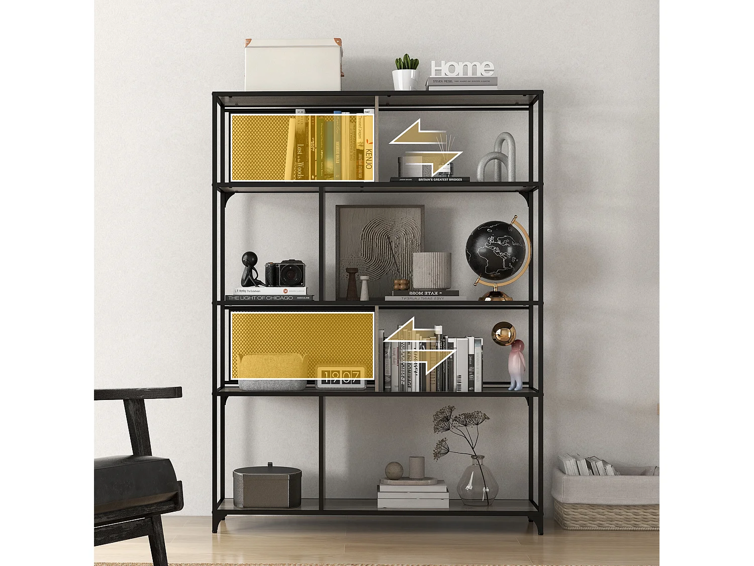 Scaffale libreria a 5 livelli in acciaio e truciolato nero grigio